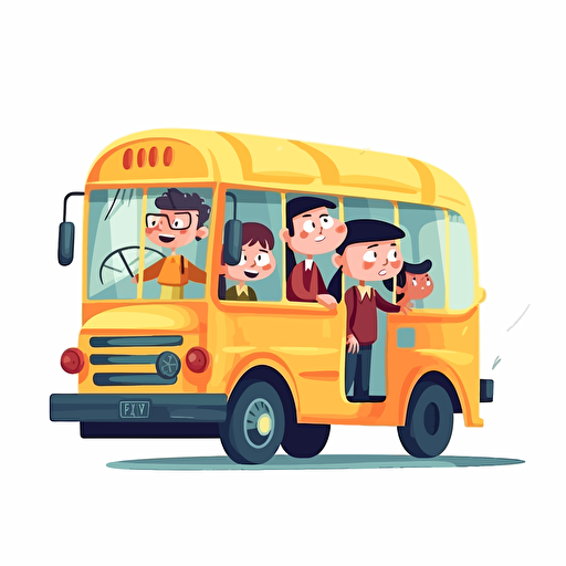 illustrative vector cartoon of kids with Down Syndrom riding a short yellow school bus. white background