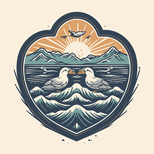 create a vector logo for a resort that has two albatross birds creating a heart with their peaks with some mountains in the background and the beach in front, use only one color and minimalist style