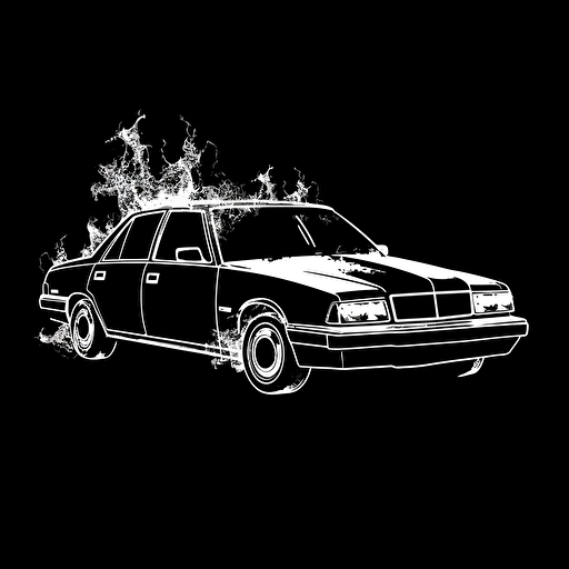 burning police car 32 bit, white on black background, no shading, 2D, vector, minimalist, solid line