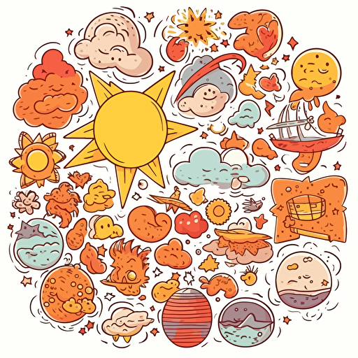 STICKER, Vector illustration Educational Posters style, Toddler style Illustration, warm colors, of sky symbols, contour, vector, white background