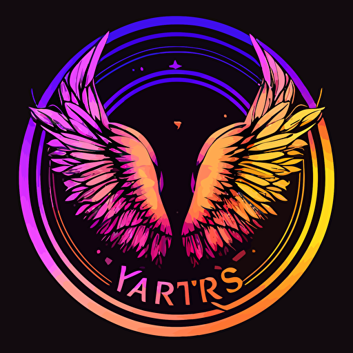 logo for young digital artist Artariyes in takeshi Murakami style, no faces, vector, wings in circle, gradient purple orange