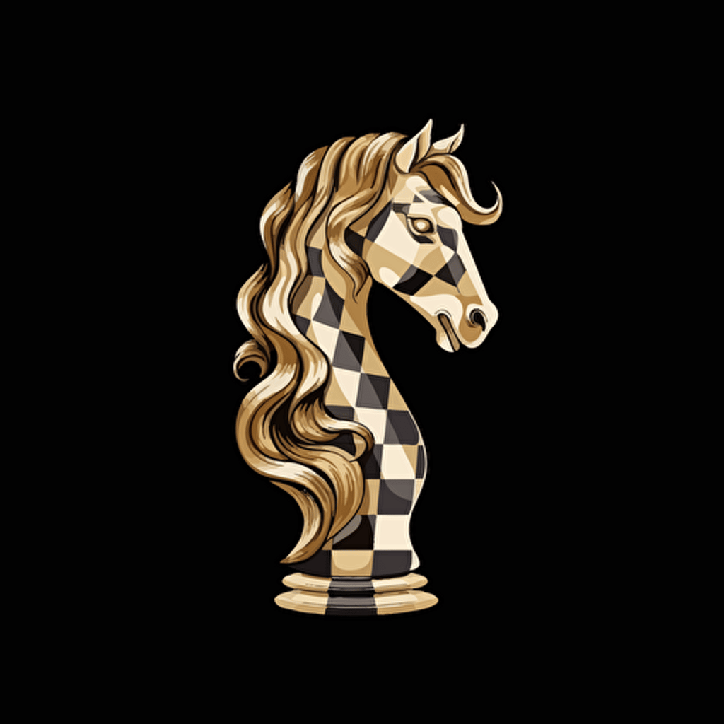 a horse chess piece, vector art, gold and white color, black background