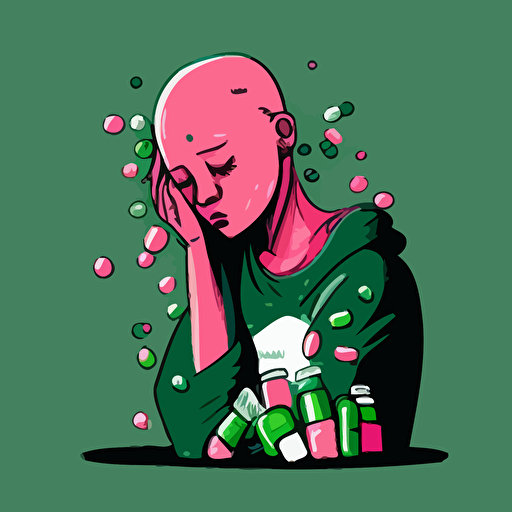 vector,splashy,pink,green,bald girl,holding pills bottles in hands,depressed,sad,crying