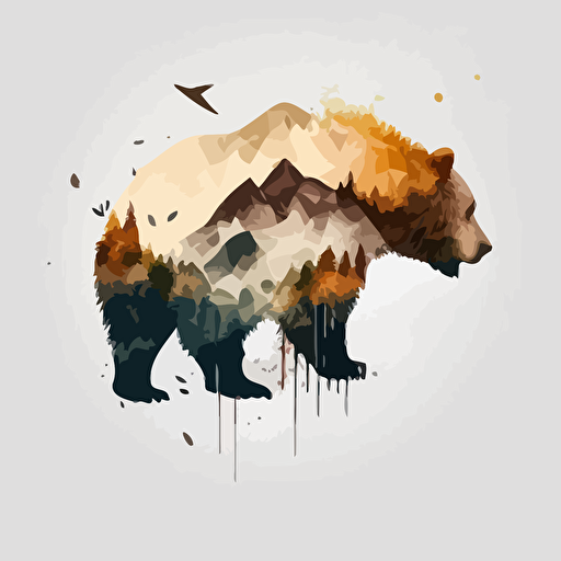 A simple logo with a Grizzly Bear, symmetrical, vector::2 revolvers behind the head:: Mountains in the background:: On a white backdrop, v 5