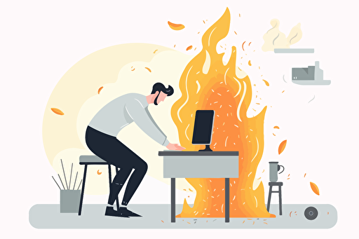 Person in an office burning the computer, flat style illustration for business ideas, flat design vector, industrial, light and magical, high resolution, entrepreneur, colored cartoon style, cad( computer aided design) , white background