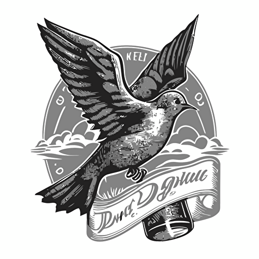 logo, dove flying holding a bottle, vector, 50's style, no text, black and gray