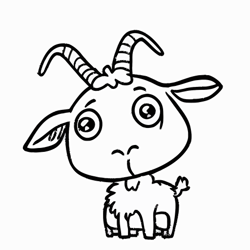 cute goat in farm, big cute eyes, pixar style, simple outline and shapes, coloring page black and white comic book flat vector, white background