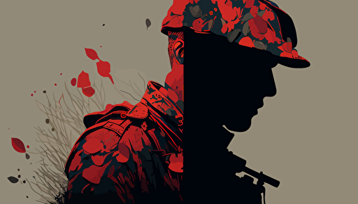 australian soldier and red poppy, moody and dramatic, minimalist, vector, contour