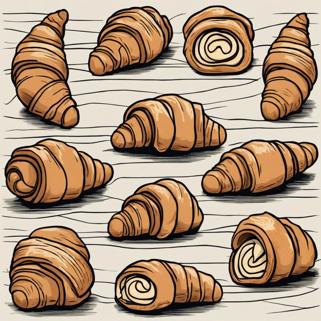 Freshly baked croissants on a linen napkin., illustration in the style of Matt Blease, illustration, flat, simple, vector
