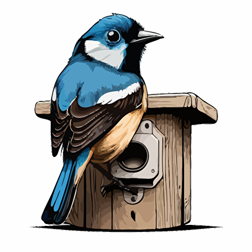 a birdhouse that looks like a DSLR, apus apus perched on the lens looking down at the camera, vector image, simple, three color, blue, black, white