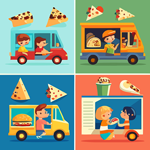 fast food, multiple angles ,children's book illustration style, simple, full color, flat color,vector