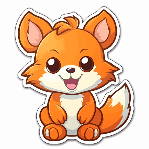 sticker, happy bright orange fox playing, kawaii, contour, vector, white background