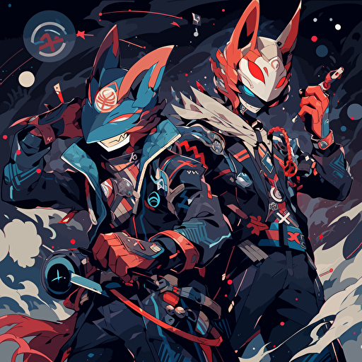 Create an image of a massive battle between two different states shiba inu cyber punk and fox dark shiba inu outfit battle, galaxy explose, anime background, vector, greekpunk, marvel style