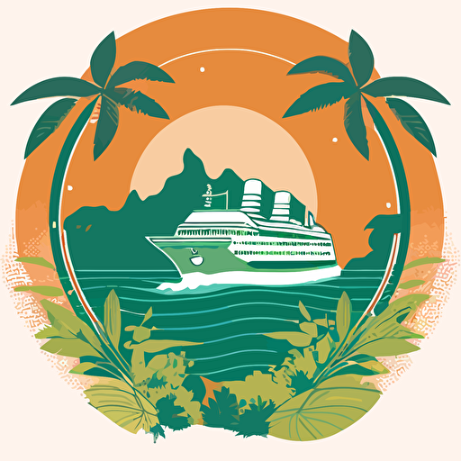 a vector logo with two colors, circular, of an orange cruise ship surrounded by a green jungle scene
