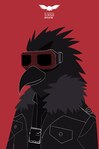 minimalist poster, anthropomorphic crow, dark sunglasses, leather jacket, vector,