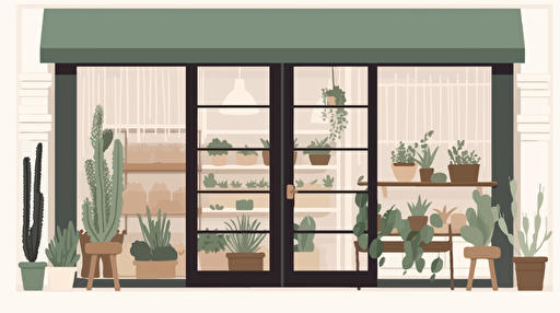 a simple and modern succulents shop facade, white wall, natural wooden thin window frame like a cafe, flat color, vector illustration, for blog thumbnail image, simple, white background