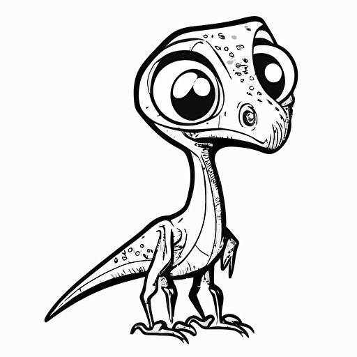 Cute Compsognathus, big eyes, Pixar style, simple outline and shapes, coloring page black and white comic book flat vector, white background