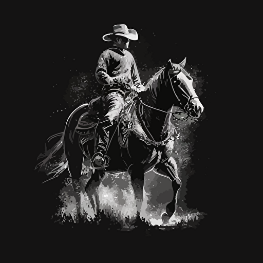 cowboy riding horse black and white vector illustration on black background