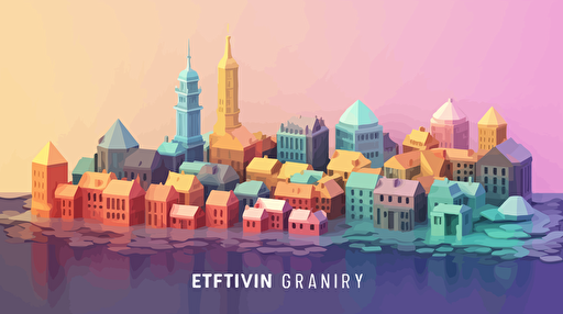 European city, Crypto tokens, low poly vector, video game, gradient