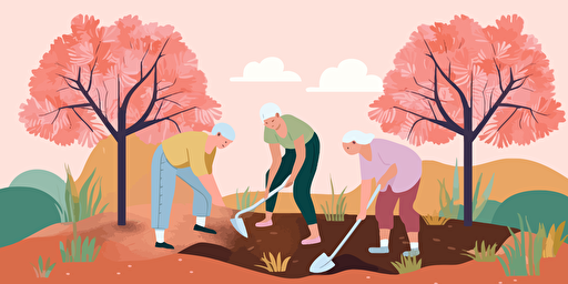 A white-haired old man and 2 female Gardeners planting trees together. 2D, vector illustration, bright colors. Drawing using AI.