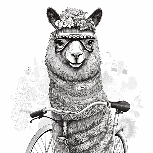 llama on a bike, black and white vector