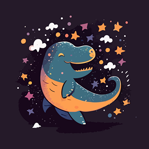 Dinosaur floating in space surrounded by stars and galaxies, cute happy smiling adorable, vector illustration style