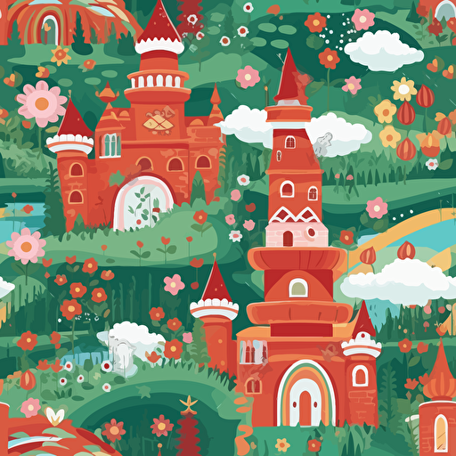Red Castle Of Princess Fantasy Flying Palace In White Magic Clouds Mexican Princess Girl Fairytale Royal Heaven Palace Cartoon Magical Rainbow Roses Vector Illustration green white