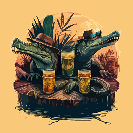 Alligators drinking whiskey at a table, boho style, vector image graffiti style