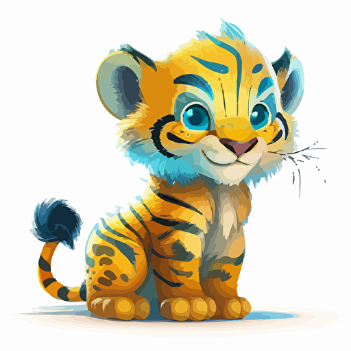 A gorgeous yellow and blue baby fur tiger, smiling, white background, vector art , pixar style