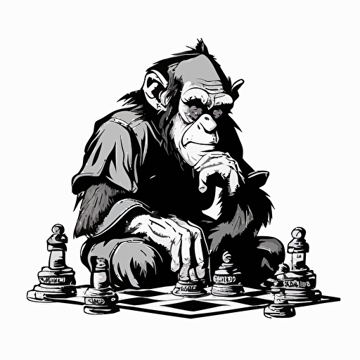 Cartoon style drawing, Taoist/Buddhist style. A wise old chimpanzee is deep in thought, playing chess. The chimpanzee is facing the camera, looking quizzical. Black & White, vector art, comic, detailed