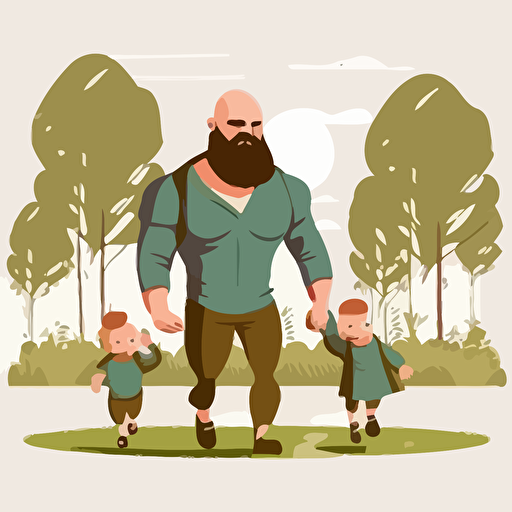 a bald bearded man walking with his two small children in a park, digital rendering, avatar image, simple clean vector