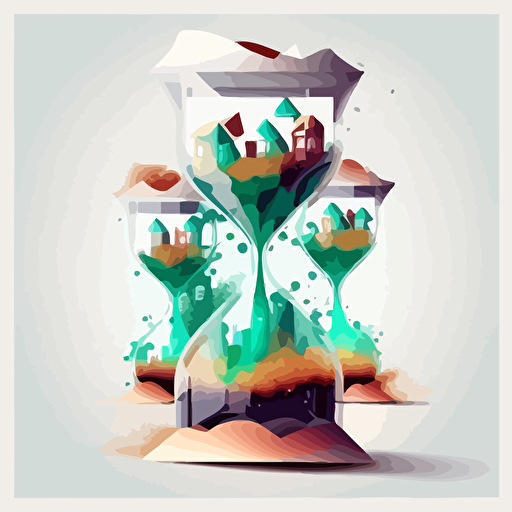 five transparent exploding hourglasses with a small town inside. Nature is represented. Vector styling. Very colored. White background
