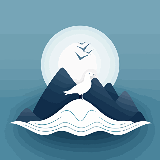 minimalistic, vector logo, azure and white color, silhouette of a seagull in the form of a tick, mountains on the background, waves of the sea, in the center of the logo a place for the text 16:9