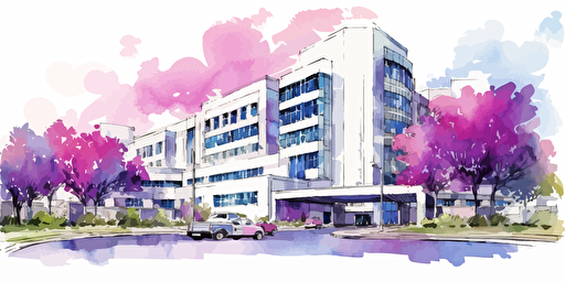 an ink illustration vector of cedars-sinai hospital watercolor white background the palette is purple fuschia magenta electric blue and green