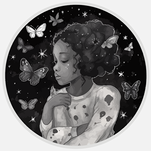 little black girl surrounded by butterflies, constellations, starry sky, Beautiful Gothic Fantasy, Watercolour cartoon, minimalistic illustration, in black and white vector, sticker