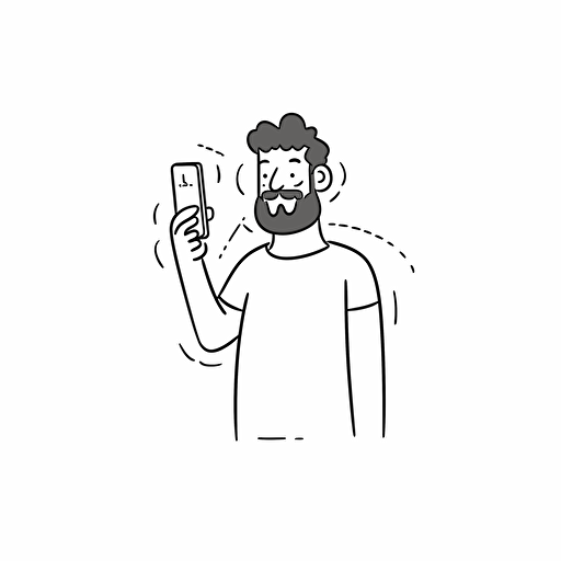Man with smartphone, white background, line drawing illustration, vector, simple, minimalist, whimsical and lively, cartoon mis-en-scene