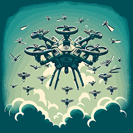 Victorian line illustration of a swarm of drones, dji, high in clouds, vector illustration,