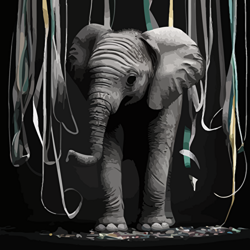 A vectorized image of a baby elephant with colorful streamers converted to black and white.