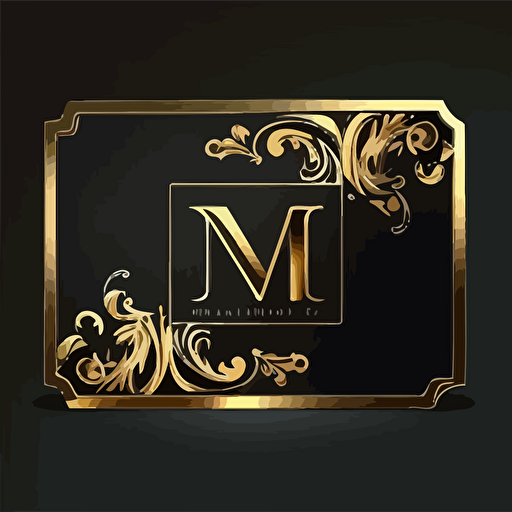 rettangular business card logo, gold ghotic letter M, black background, dark ornamental style, vector, ultra definition