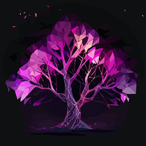 purple and pink led lights around a giant tree, faded black background, polygonal vector illustration