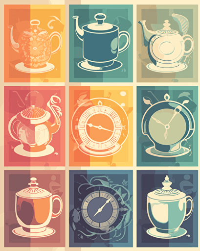 tea time, retro aesthetics, vector image, sticker design, pantone color scheme: 12