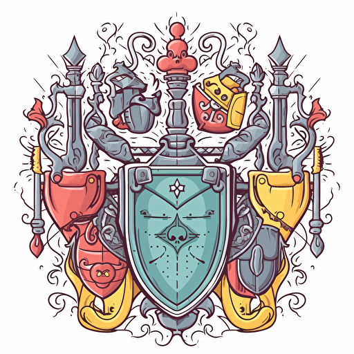 Digital illustration of coat of arms with thin black outline, fantasy inspired, shield, sword, potion bottles, white background, cute, colorful, cel-shaded, in Pixar style, prop design, contour, vector art