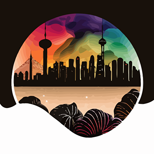 colorful vector art, chinese dumplings, background is a silhouette of taipei 01 with galaxy, galaxy vector art