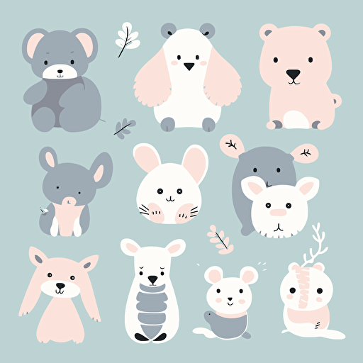 A flat vector illustration of a set of cute animal clip art in pastel colors, perfect for decorating a nursery or child's room