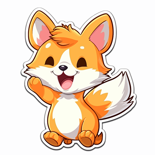 sticker, happy bright orange fox playing, kawaii, contour, vector, white background