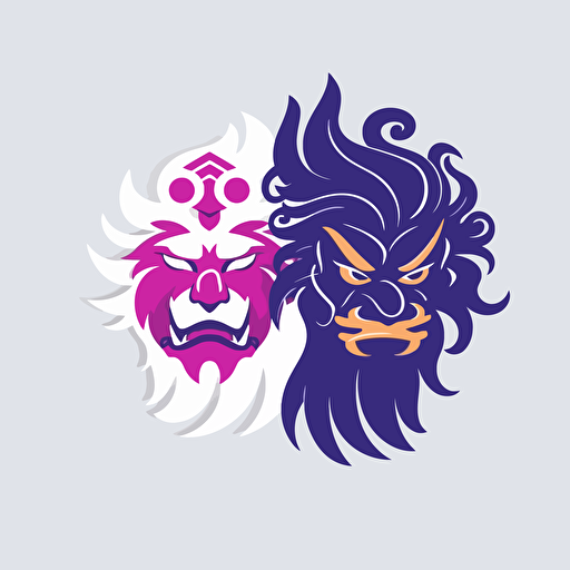 Create a simple vector logo featuring a Chinese dragon and a Chinese lion dancer. The dragon should be colored in shades of black and purple, with white accents to give it a sleek and modern look. The lion dancer should be in white, with accents of purple and black to match the dragon. The logo should have a clean and minimalist design, with a white background to make the colors stand out.