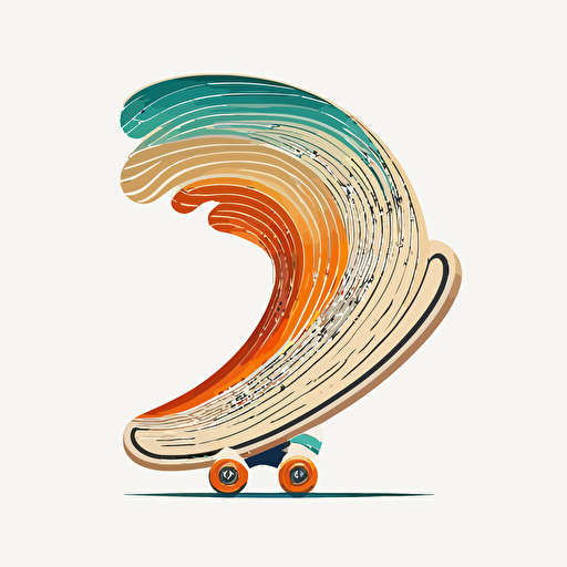logo, minimalist, white background, vector style, a wave with a base and wheels of a skate board, retro, beach colors