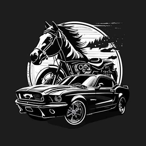 Motorcycle and Ford mustang in the logo, vector, black and white