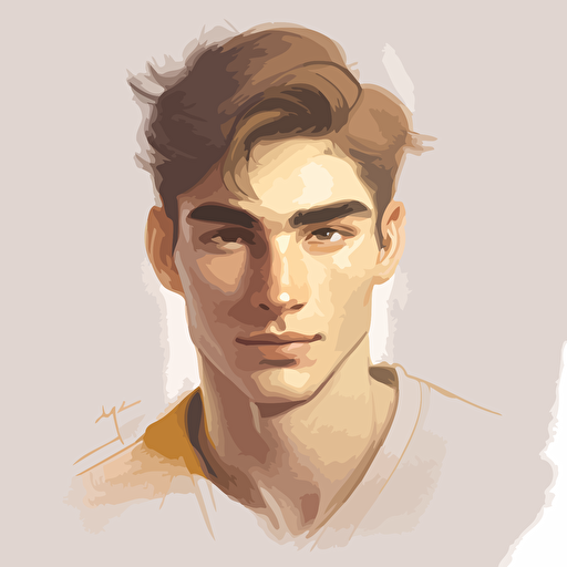 Young man, brown eyes, tapered dark autumn gold hair, no other distinctive features, focused stoic demeanor, meditation, headshot, muted colors, simplistic, vectorized, pencil sketch