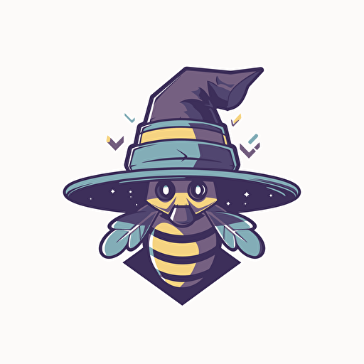 logo design, flat 2d vector logo of a bee in a pointed wizard hat, muted purple and blue colors, 80s, harry-potter-inspired